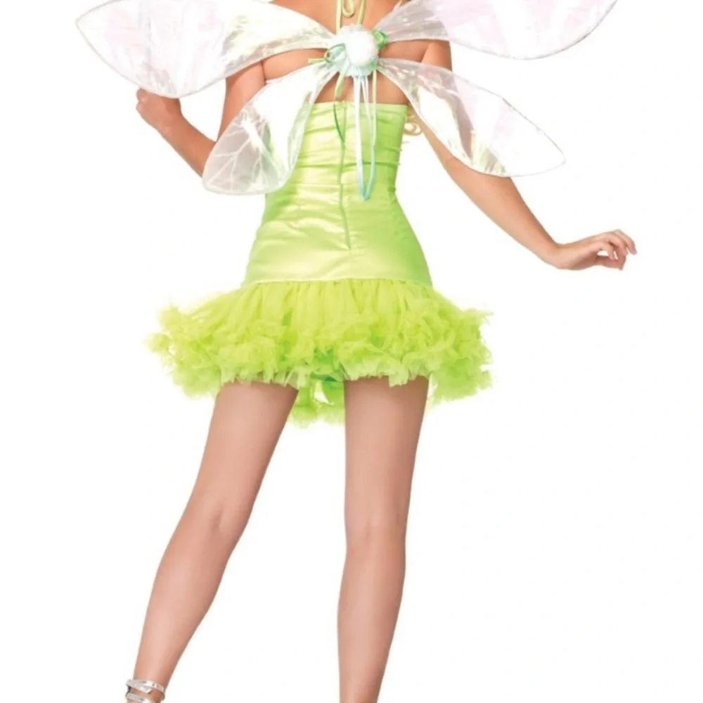 Green Fairy Sexy Tinkerbell Halloween Costume Tink Halter Dress Petticoat Studs - Picture 2 of 7